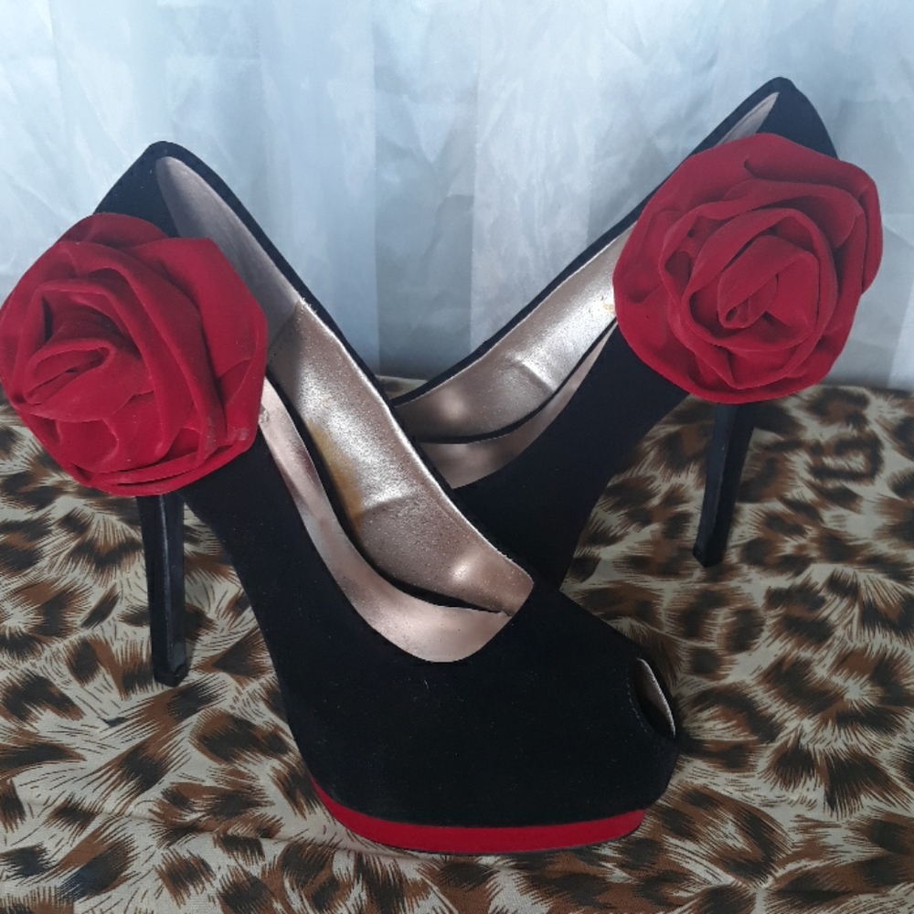 Black and Red Peep Toe Heels